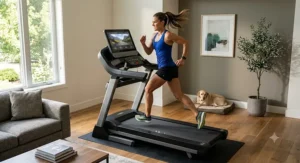 Woman sprinting during an intense cardio workout on a high performance home treadmill in a living room.