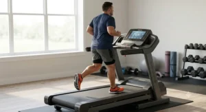 Adult running comfortably on a spacious heavy-duty treadmill designed to support up to 400 lbs.