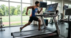 An athlete sprinting safely on a commercial-grade treadmill featuring an extra wide treadmill belt.