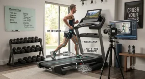 Side view illustration of a runner demonstrating proper biomechanics and gait on a high-capacity treadmill for serious runners.