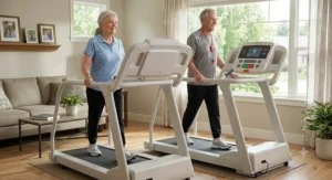 An active senior couple exercising together on two easy to use treadmills for seniors with supportive full length handrails.