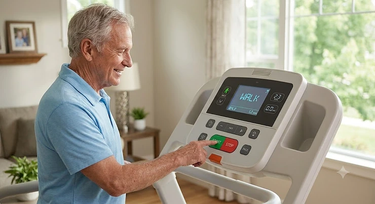 A senior man easily pressing a large, clear start button on the simplified console of a user friendly treadmill.