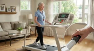 An older woman safely holding onto the sturdy padded handrails of an easy to use treadmill for seniors to track her heart rate.