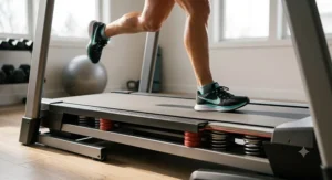 A person sprint training on a cushioned deck treadmill designed to reduce impact during home workouts.