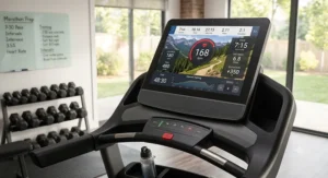 Interactive HD touchscreen console on a treadmill for serious runners displaying real-time heart rate, pace, and virtual running trails.