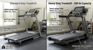 Comparison diagram showing key structural differences between standard and 500 lb weight capacity treadmills.