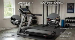 Side-by-side comparison highlighting the thicker deck, wider frame, and heavy-duty rollers of a treadmill built for heavy individuals.