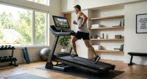 Side view of a runner training at a steep incline on an advanced high performance home treadmill.