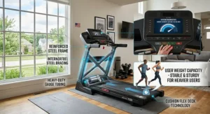An illustration highlighting the durable steel frame and high weight capacity of a sturdy mid-range treadmill under $1000.