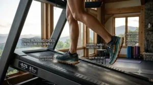 Side view of trail running shoes striking the belt of a treadmill configured for simulated downhill road race prep.