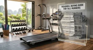 Infographic checklist detailing key treadmill specifications tall runners should look for before buying.