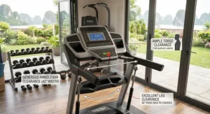 Ergonomic console layout showing generous handlebar and leg clearance for tall treadmill users.