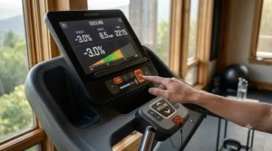 Treadmill display screen highlighting settings adjusted to a minus three percent decline for simulating downhill grades.