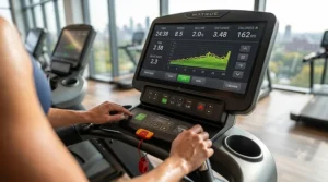Close-up photorealistic 4K view of a Matrix treadmill console screen, glowing with data like time and speed, with a runner's sweat-covered hands interacting with the controls in a well-lit gym.