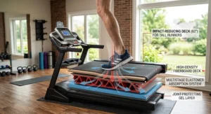 Detailed view of treadmill deck shock absorption and joint cushioning built for longer running strides.