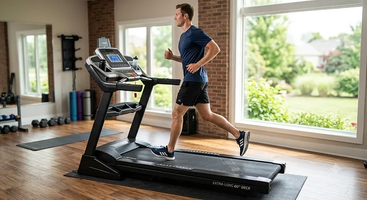 Tall man running comfortably on a treadmill with an extra-long 60-inch running deck.