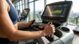 A detailed photorealistic 4K close-up view of a woman's sweaty hands gripping the integrated pulse sensors on a Matrix treadmill handlebar, with natural gym lighting and the console display visible.