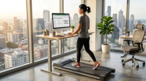 A sleek under-desk walking pad treadmill being used at a standing desk in a home office.