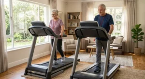 Senior couple comfortably walking on low speed treadmills suitable for elderly beginners at home.