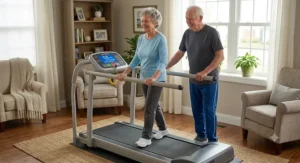 Senior couple exercising together safely at home using a heavy-duty walking treadmill with side safety rails.
