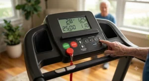 Large-button control panel with clear LCD screen on an affordable treadmill designed for seniors.