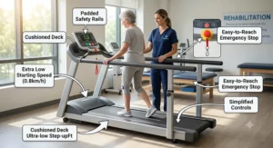Diagram showing essential features of a treadmill for elderly recovering from surgery, including low step-up height, padded handrails, and emergency stop button.