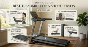 Visual guide outlining essential features to consider when buying the best treadmill for a short person.