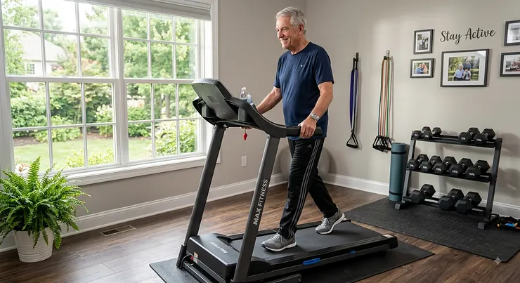 Senior man walking on a compact budget treadmill under $500 in a bright home gym treadmill under $500 for seniors