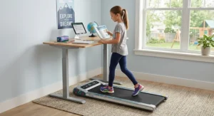 Older child walking on a compact walking pad treadmill for kids under 12 while studying at a standing desk.