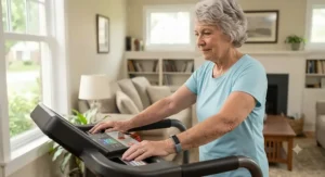 Older woman placing her hands on pulse grip sensors to track heart rate on a budget treadmill.