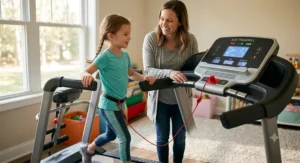 Parent supervising elementary student exercising safely on an American home treadmill equipped with emergency stop controls.