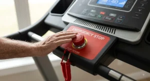 Close-up of a large red emergency stop button on a treadmill console designed for elderly users.