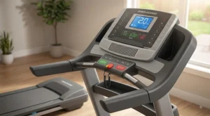 Close-up of ergonomic large safety rails and easy-to-read console on a treadmill designed for seniors.