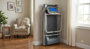 Compact walking treadmill with supportive rails folded neatly in a senior living apartment.