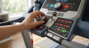 Close-up of the speed control console on a youth treadmill with speed limiter