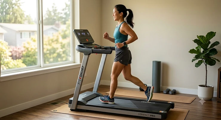 A petite woman comfortably running on a compact treadmill designed for shorter strides and lower handrail heights.