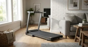 Compact treadmill with low step up height positioned in a modern living room setup