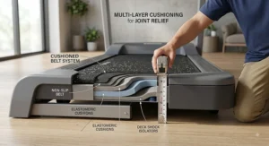 Illustration of a low step-on height treadmill showing cushioned shock-absorbing belt layers that protect senior joints.
