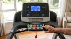 Large button console display on a low speed treadmill for elderly beginners showing simple speed controls.
