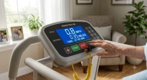 Large-font digital console screen displaying low speed and distance on a walking treadmill for seniors.
