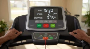 Large-display control console with simple buttons on a senior-friendly treadmill with handrails