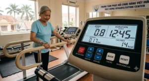 Large-display control console with simple buttons on a senior walking treadmill showing low speed and duration metrics.
