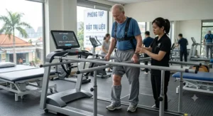 Elderly man practicing low-impact gait training on a specialized rehabilitation treadmill under physical therapist supervision.