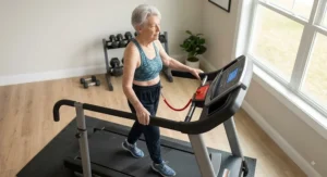 Elderly woman safely exercising on a home treadmill with a red emergency stop safety button.
