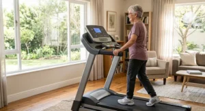 Elderly woman holding supportive side handrails while walking on a low speed treadmill designed for senior beginners.
