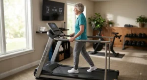 Elderly woman holding onto padded full-length side rails while exercising on a low-impact treadmill.
