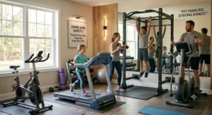 Active family staying fit together in a modern home gym featuring a safe treadmill for kids with auto shut-off capabilities.
