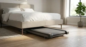 Ultra-thin flat folding treadmill with low step up height stored neatly under a bed