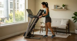 A short runner folding up a lightweight compact treadmill in a small apartment living room.