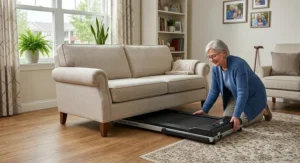 Easy-to-fold treadmill under $500 stored under a living room couch for senior apartment living